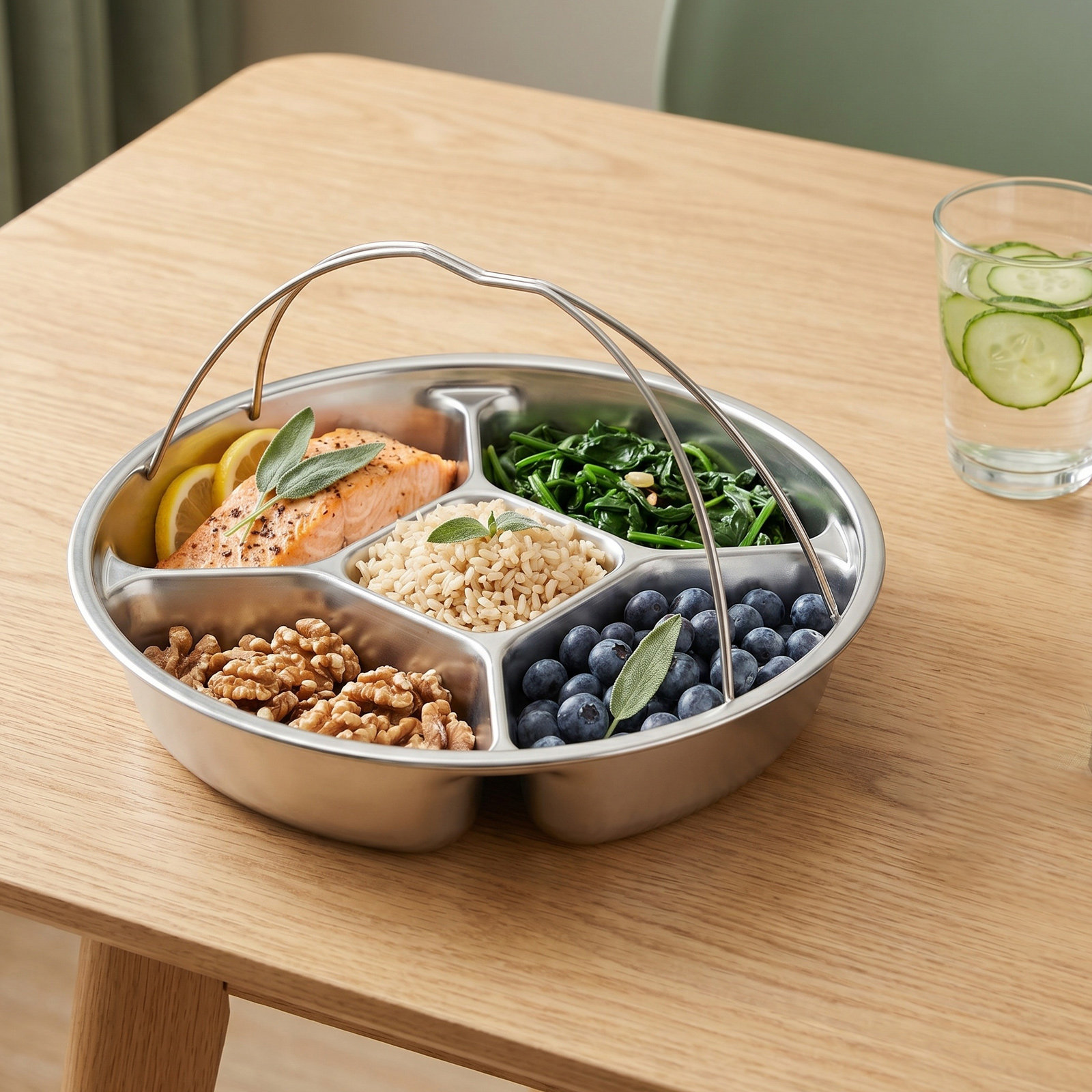 Meal Prep Kitchen - Portionskontrollplatte aus Edelstahl, Serviertablett mit 5